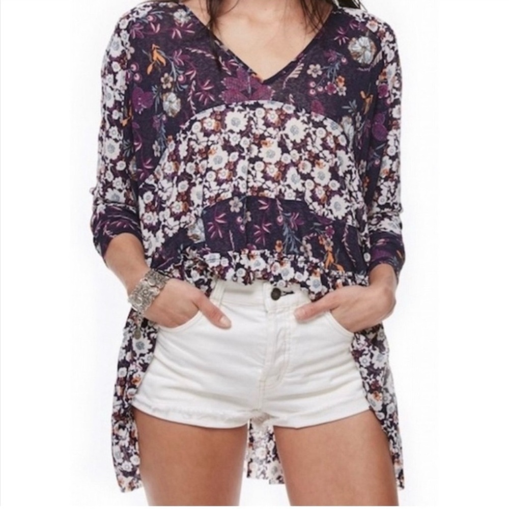 Free People Dark Floral Isabelle V Neck Oversized Tunic Women’s Sz S Small